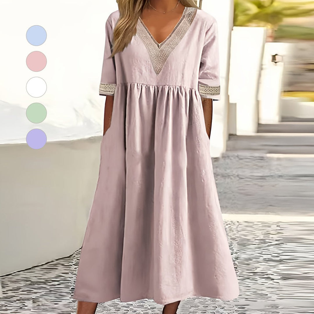 Women's Cotton Linen V-Neck Lace Trim Fall Midi Dress