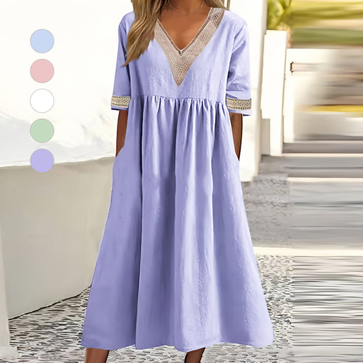 Women's Cotton Linen V-Neck Lace Trim Fall Midi Dress