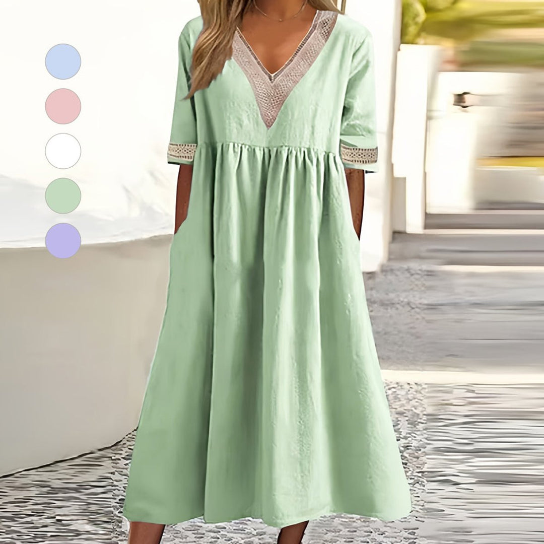 Women's Cotton Linen V-Neck Lace Trim Fall Midi Dress