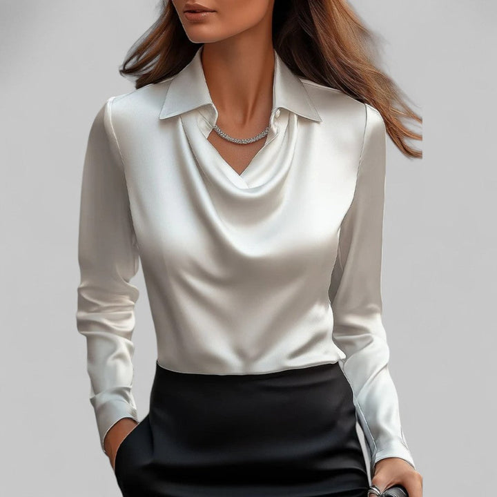 Women's Cowl-Neck Collared Satin Long-Sleeve Blouse