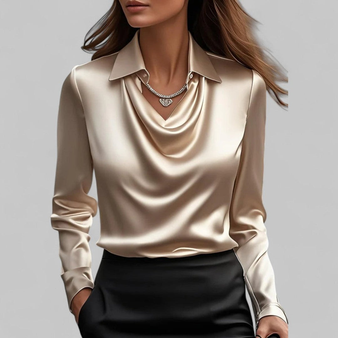 Women's Cowl-Neck Collared Satin Long-Sleeve Blouse