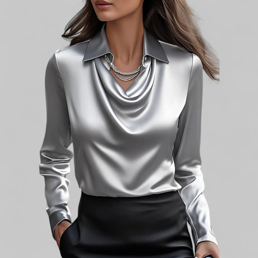 Women's Cowl-Neck Collared Satin Long-Sleeve Blouse