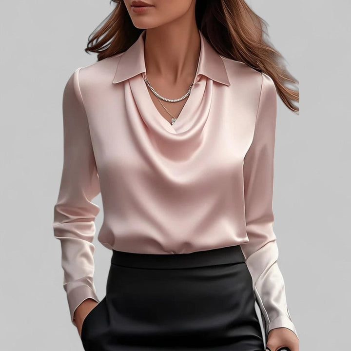 Women's Cowl-Neck Collared Satin Long-Sleeve Blouse