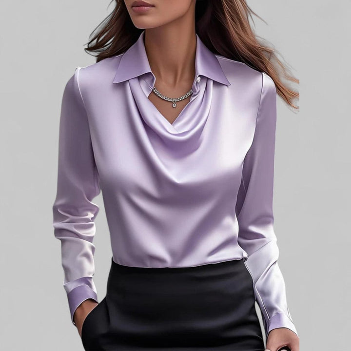 Women's Cowl-Neck Collared Satin Long-Sleeve Blouse