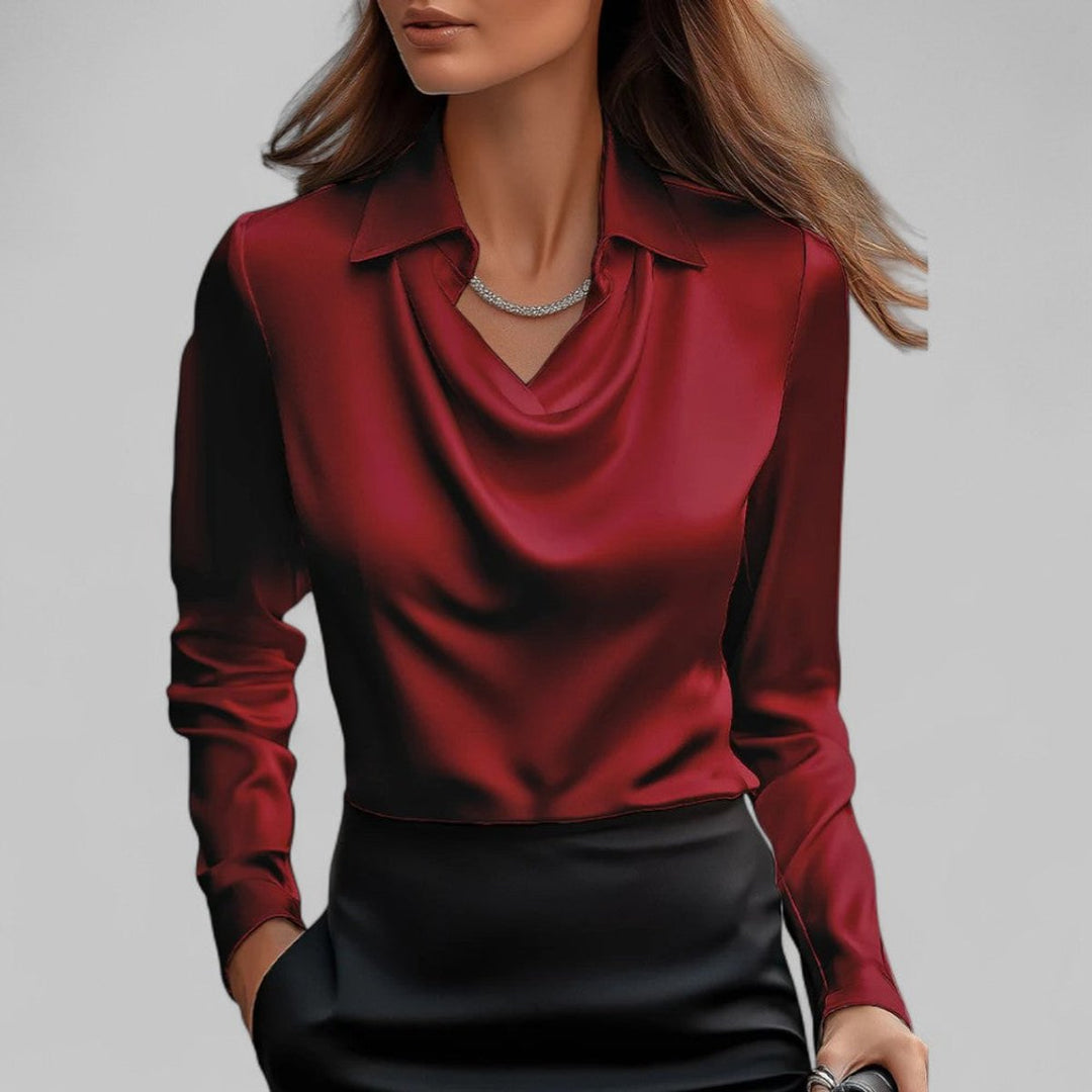 Women's Cowl-Neck Collared Satin Long-Sleeve Blouse