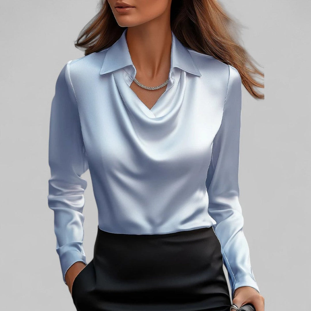 Women's Cowl-Neck Collared Satin Long-Sleeve Blouse