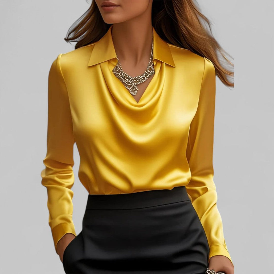 Women's Cowl-Neck Collared Satin Long-Sleeve Blouse