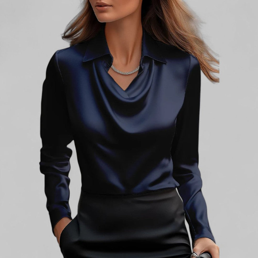 Women's Cowl-Neck Collared Satin Long-Sleeve Blouse