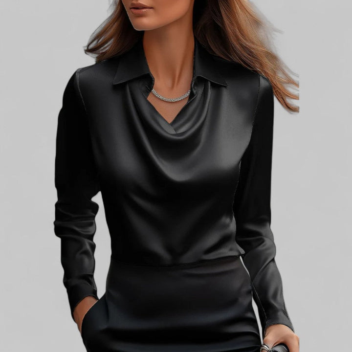 Women's Cowl-Neck Collared Satin Long-Sleeve Blouse