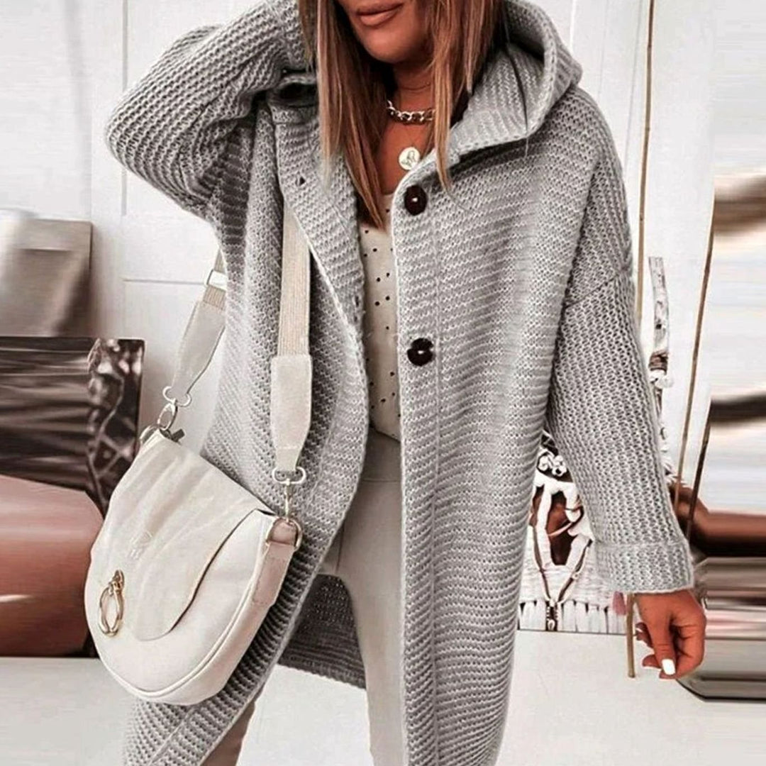 Women's Cozy Hooded Knit Cardigan Jacket Relaxed Fit Button-Up - Gray