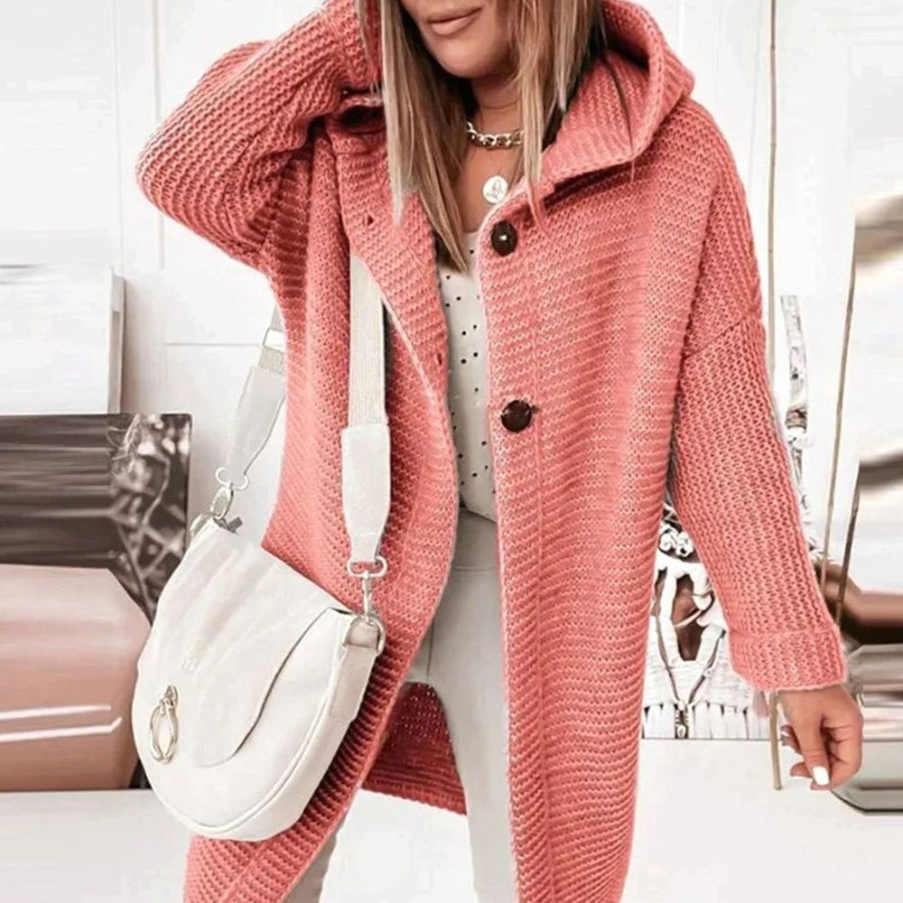 Women's Cozy Hooded Knit Cardigan Jacket Relaxed Fit Button-Up
