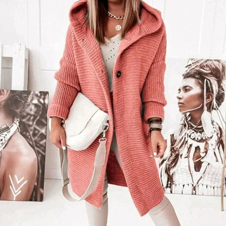 Women's Cozy Hooded Knit Cardigan Jacket Relaxed Fit Button-Up - Red