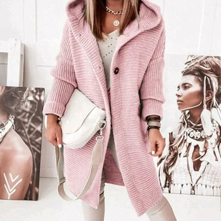 Women's Cozy Hooded Knit Cardigan Jacket Relaxed Fit Button-Up - Pink