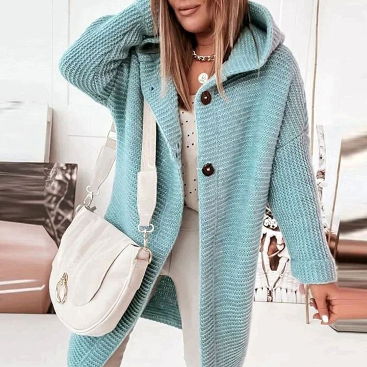 Women's Cozy Hooded Knit Cardigan Jacket Relaxed Fit Button-Up - Light Blue