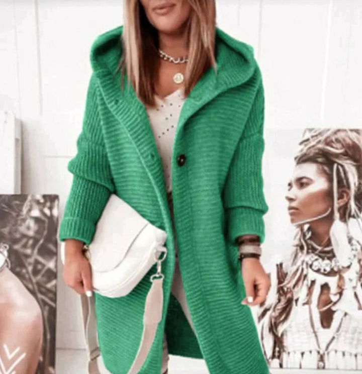 Women's Cozy Hooded Knit Cardigan Jacket Relaxed Fit Button-Up - Green