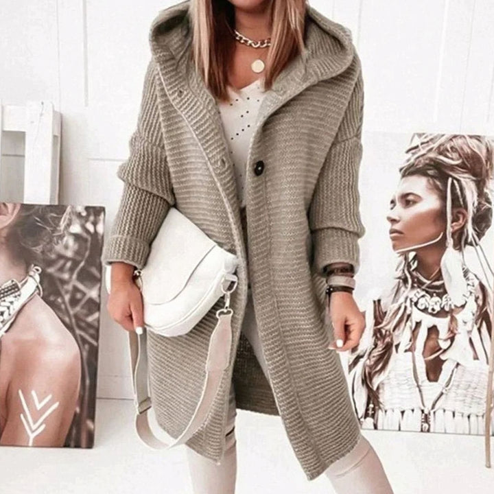 Women's Cozy Hooded Knit Cardigan Jacket Relaxed Fit Button-Up - Light Brown