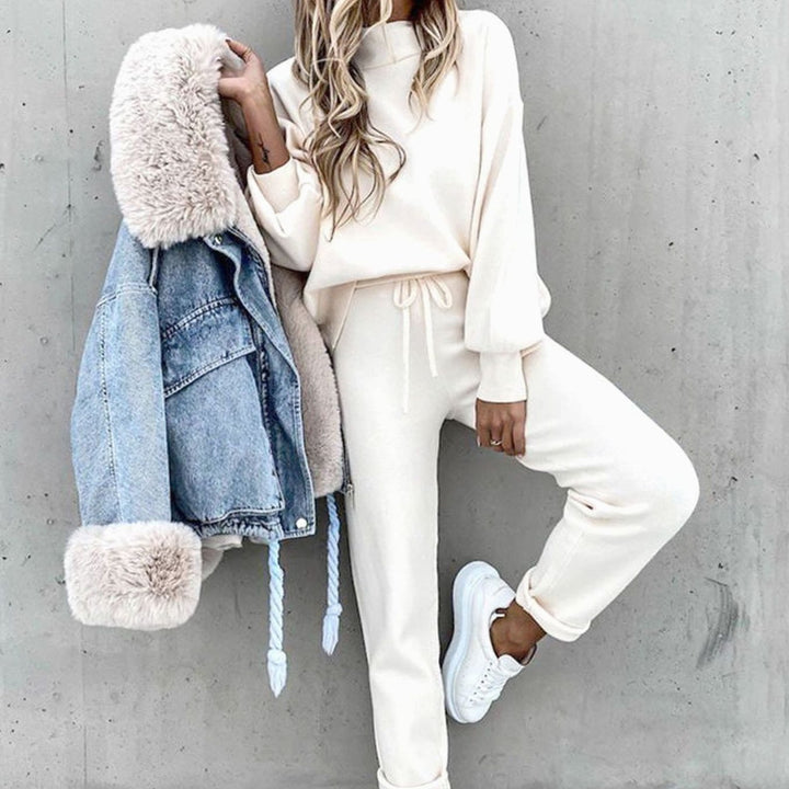 Women's Cozy Two-Piece Tracksuit Outfit Mockneck Jogger Set - White