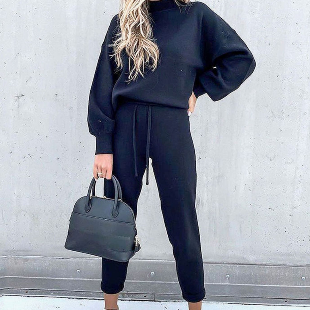Women's Cozy Two-Piece Tracksuit Outfit Mockneck Jogger Set - Blue