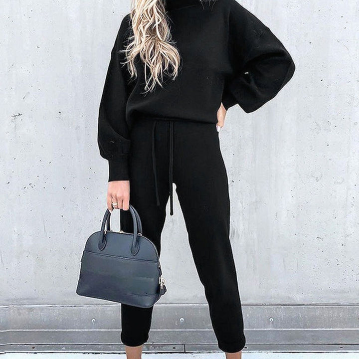 Women's Cozy Two-Piece Tracksuit Outfit Mockneck Jogger Set - Black