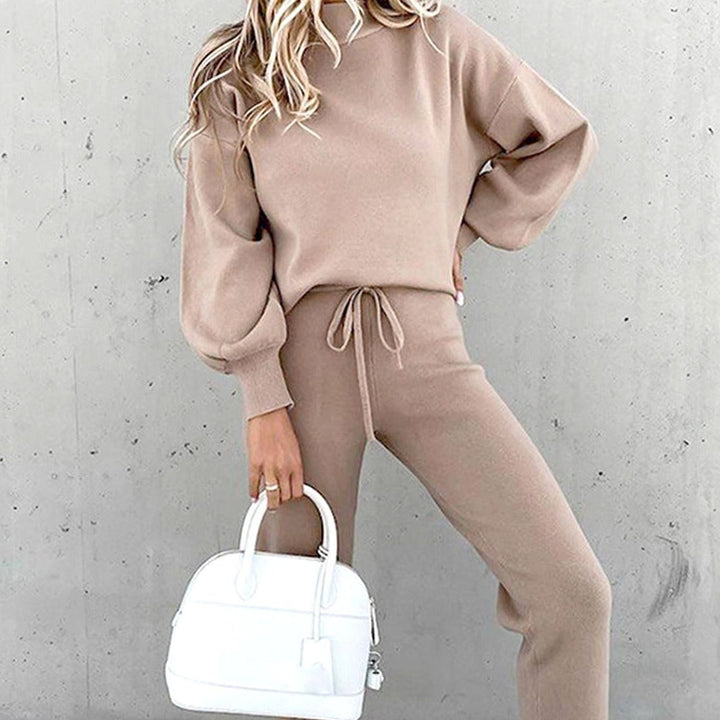 Women's Cozy Two-Piece Tracksuit Outfit Mockneck Jogger Set - Grey Pink