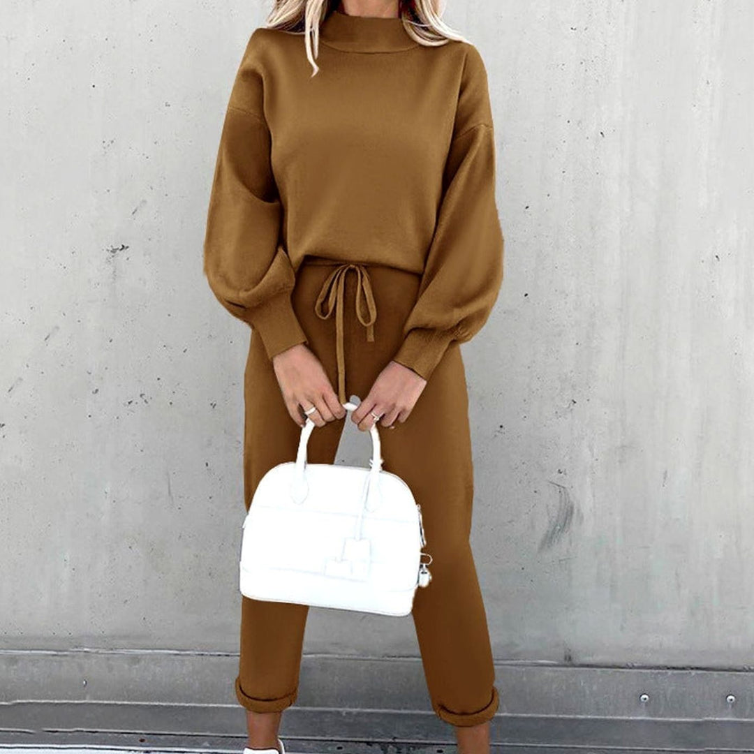 Women's Cozy Two-Piece Tracksuit Outfit Mockneck Jogger Set - Coffee
