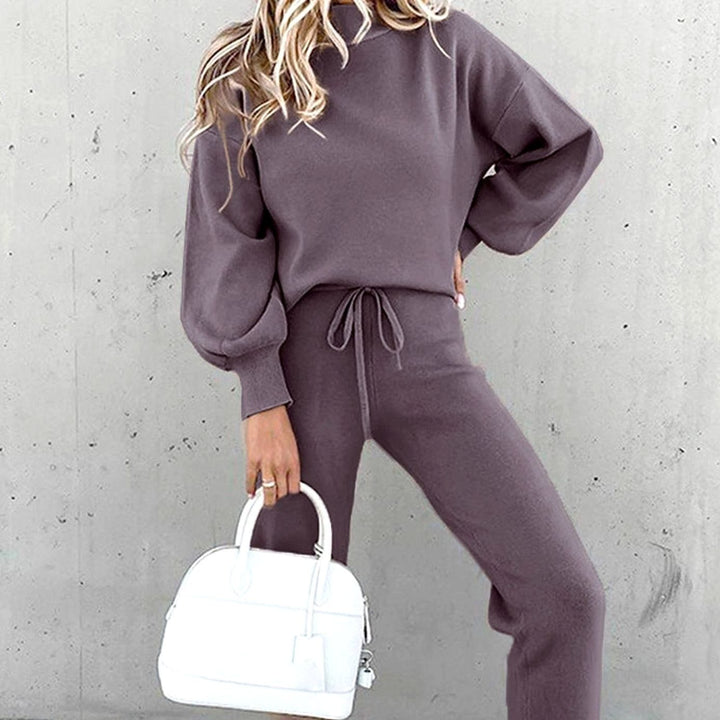 Women's Cozy Two-Piece Tracksuit Outfit Mockneck Jogger Set - Purple