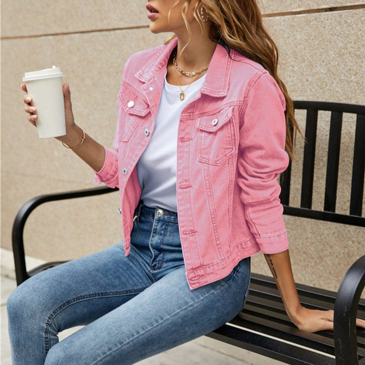 Women's Cropped Button-Up Black Denim Jacket