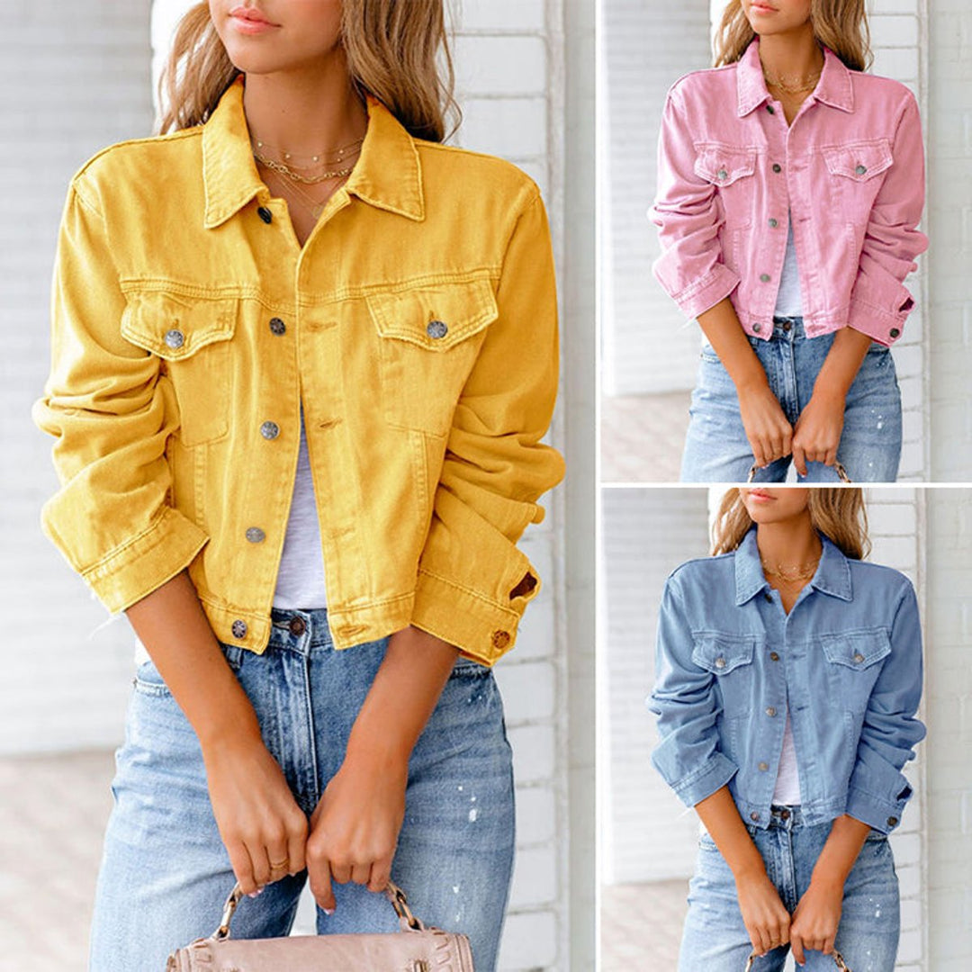 Women's Cropped Button-Up Denim Jacket Chest Pockets