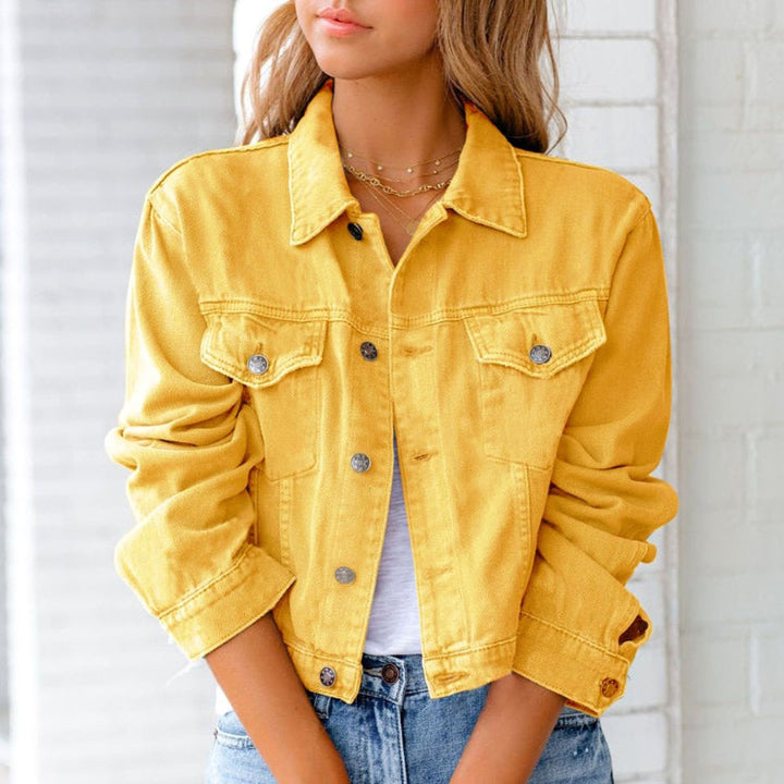 Women's Cropped Button-Up Denim Jacket Chest Pockets