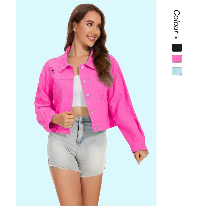 Women's Cropped Distressed Button-Front Denim Jacket