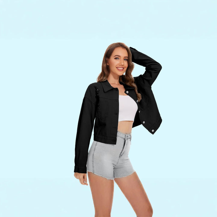 Women's Cropped Distressed Button-Front Denim Jacket
