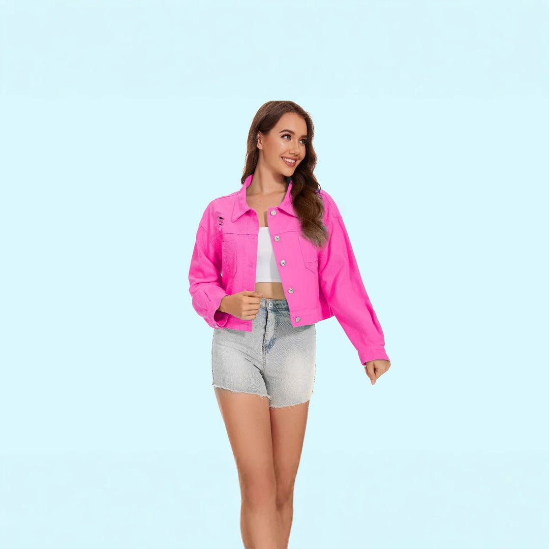 Women's Cropped Distressed Button-Front Denim Jacket