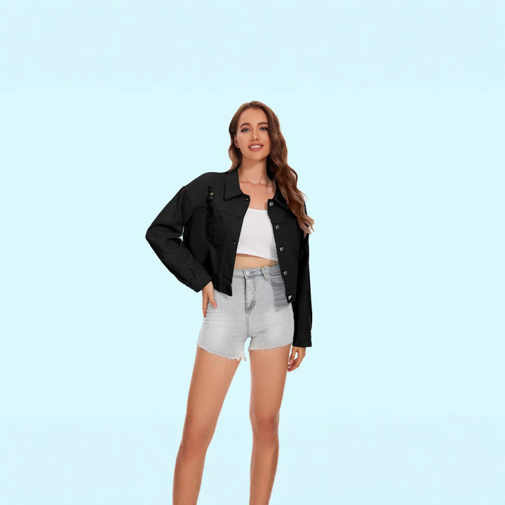 Women's Cropped Distressed Button-Front Denim Jacket