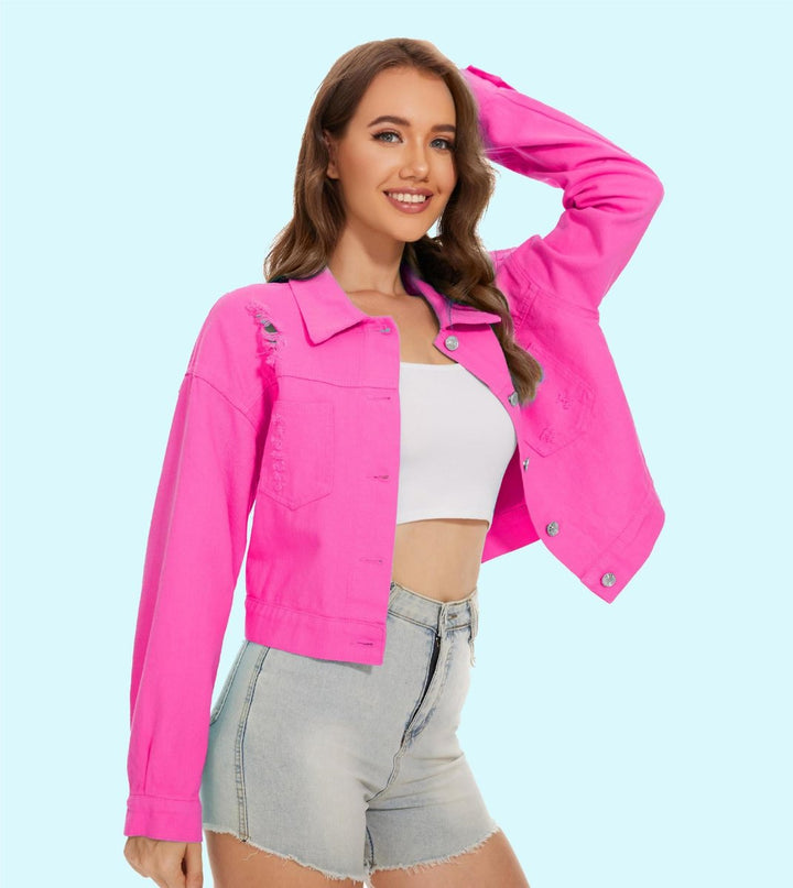 Women's Cropped Distressed Button-Front Denim Jacket