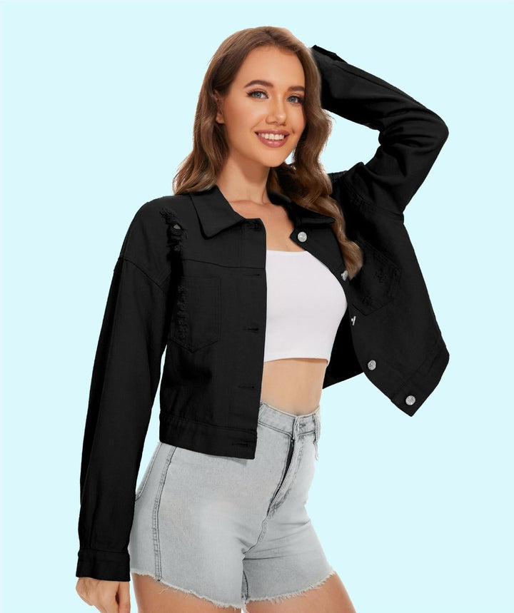 Women's Cropped Distressed Button-Front Denim Jacket