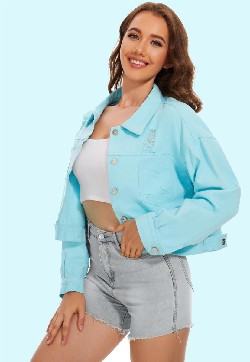 Women's Cropped Distressed Button-Front Denim Jacket