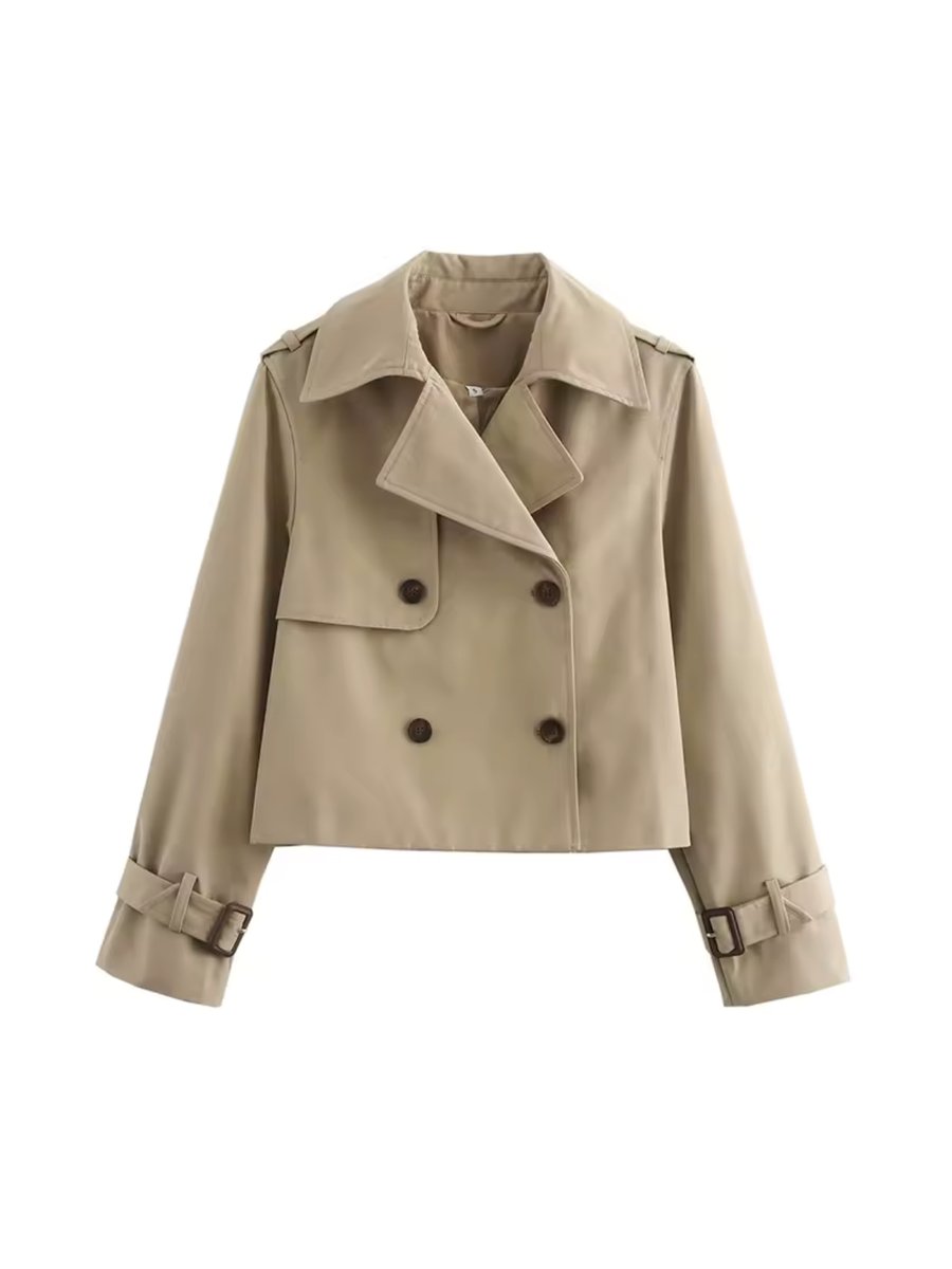 Women's Cropped Double-Breasted Belted Cuff Trench Coat