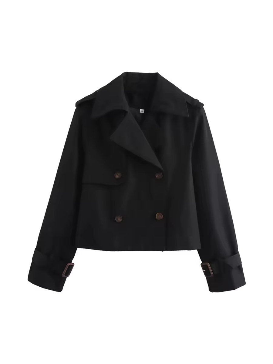 Women's Cropped Double-Breasted Belted Cuff Trench Coat