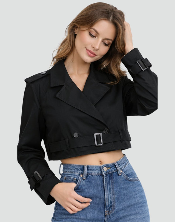 Women's Cropped Double-Breasted Belted Trench Coat - Black
