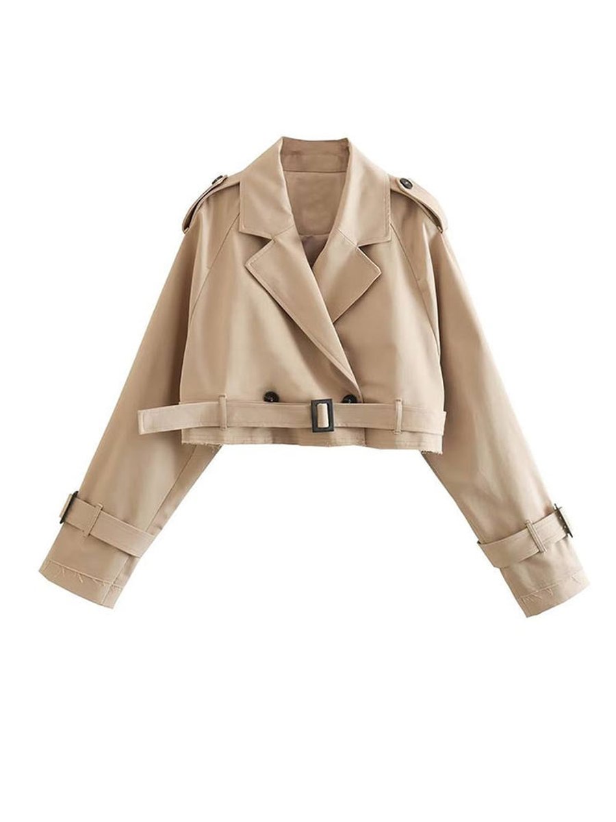 Women's Cropped Double-Breasted Belted Trench Coat