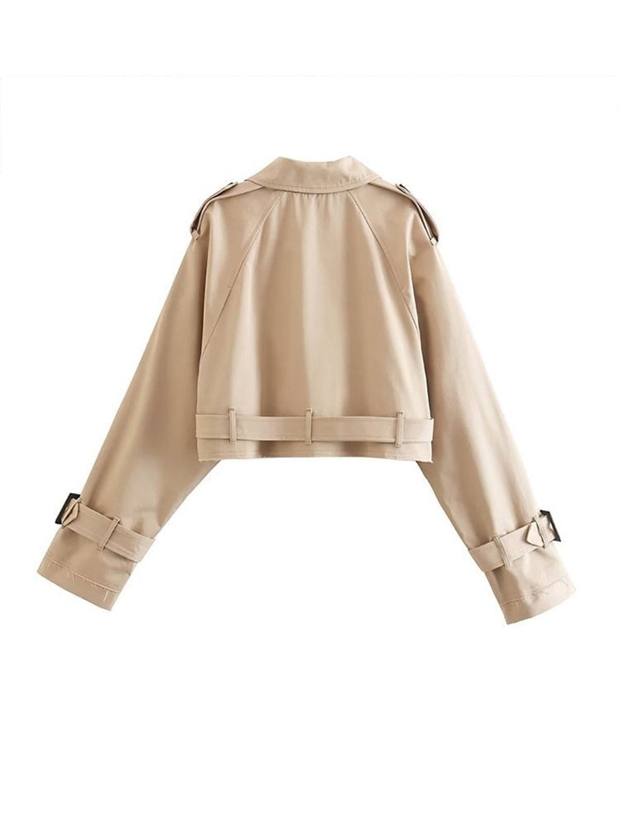 Women's Cropped Double-Breasted Trench Coat Belted Jacket