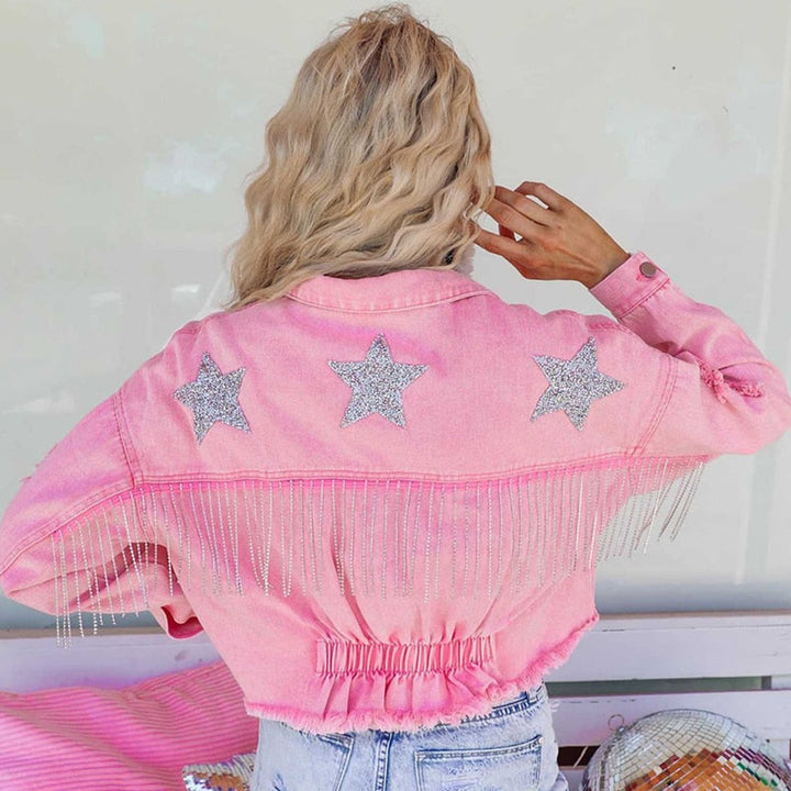 Women's Cropped Glitter Star Fringe Denim Jacket