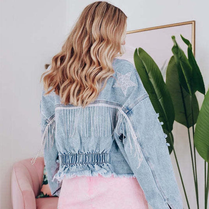 Women's Cropped Glitter Star Fringe Denim Jacket