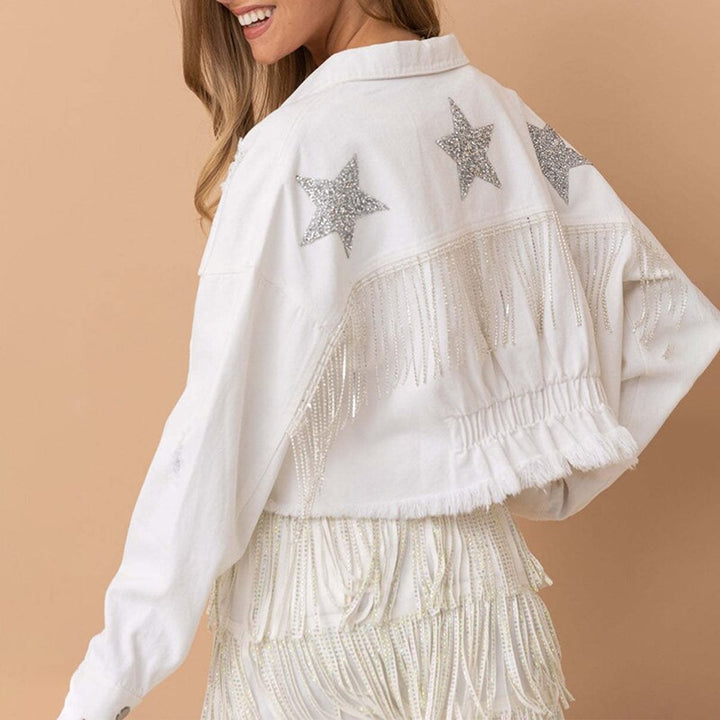 Women's Cropped Glitter Star Fringe Denim Jacket