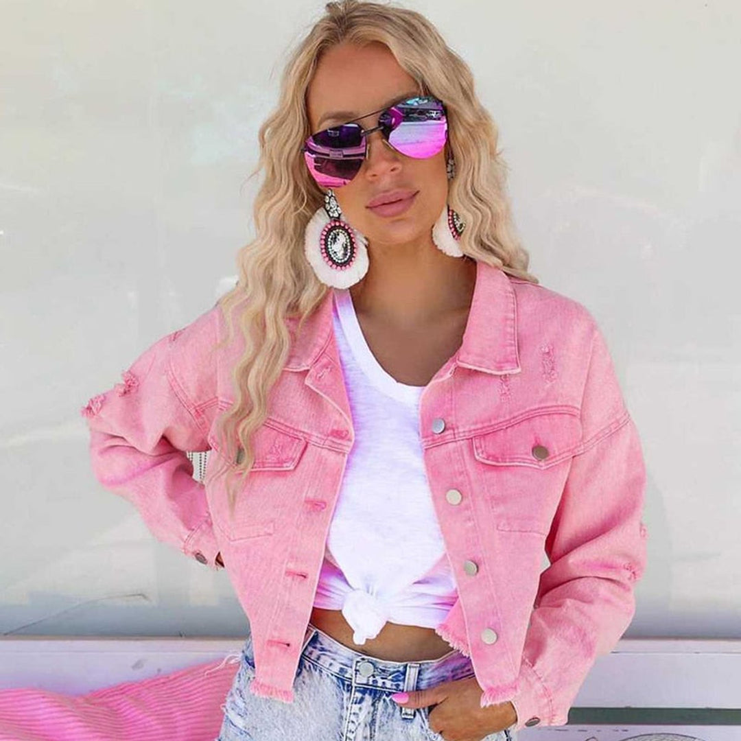 Women's Cropped Glitter Star Fringe Denim Jacket