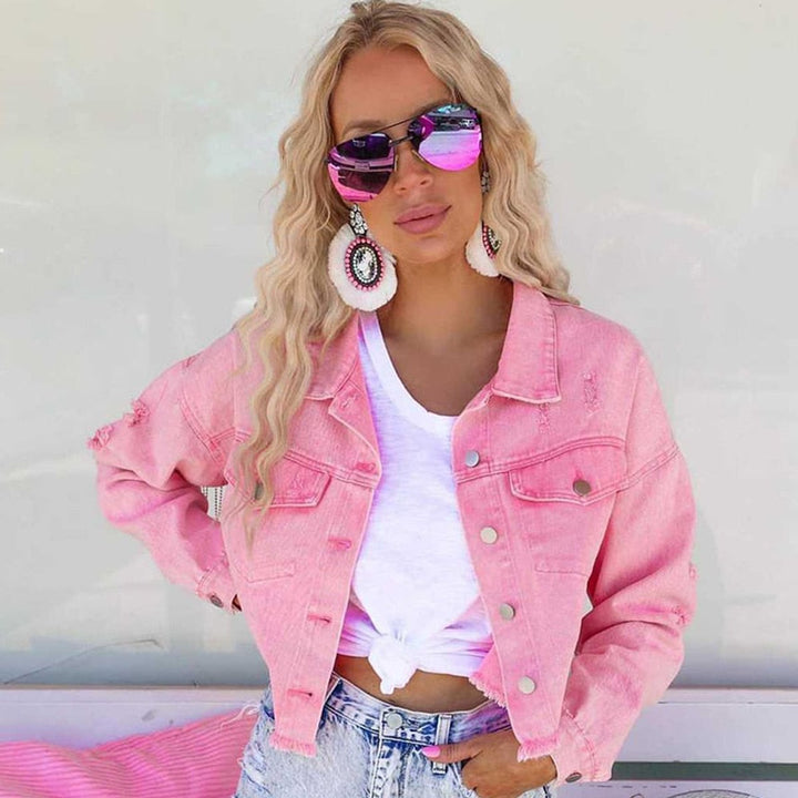 Women's Cropped Glitter Star Fringe Denim Jacket