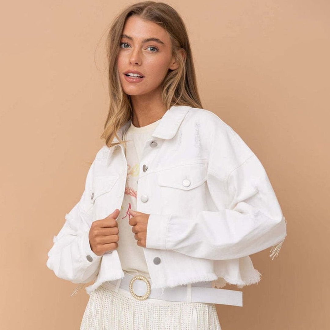 Women's Cropped Glitter Star Fringe Denim Jacket