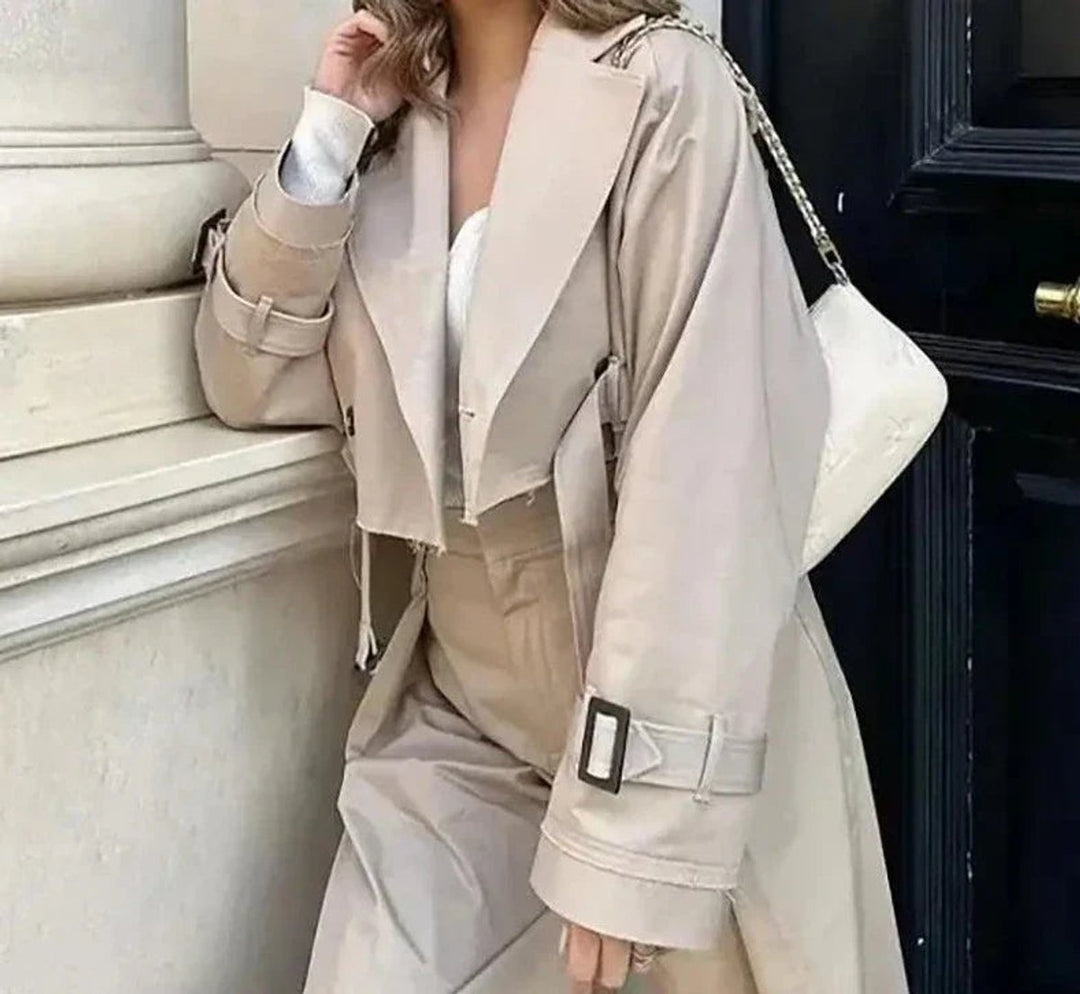 Women's Cropped Lapel-Collar Belted Trench Coat