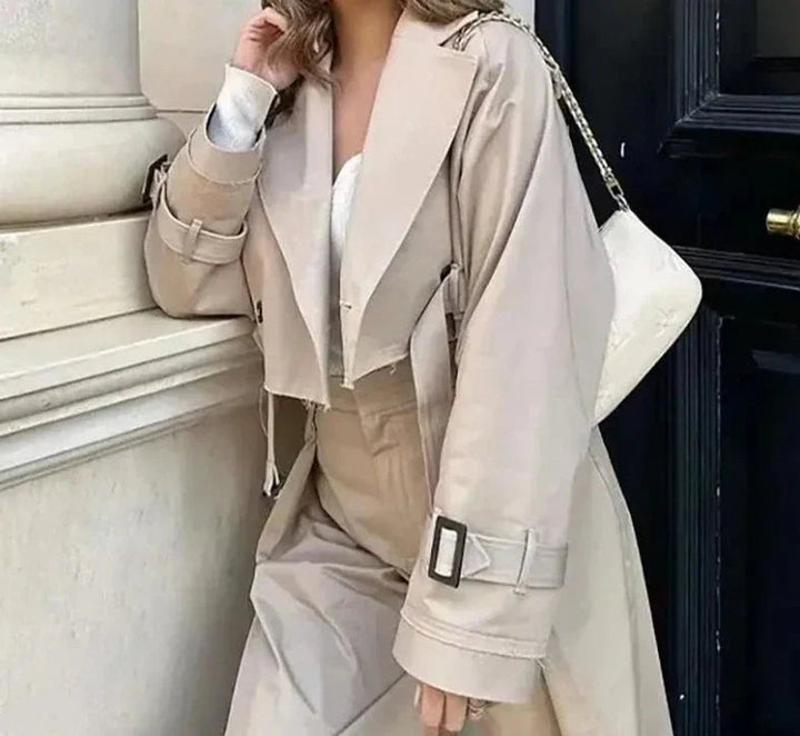 Women's Cropped Lapel-Collar Belted Trench Coat