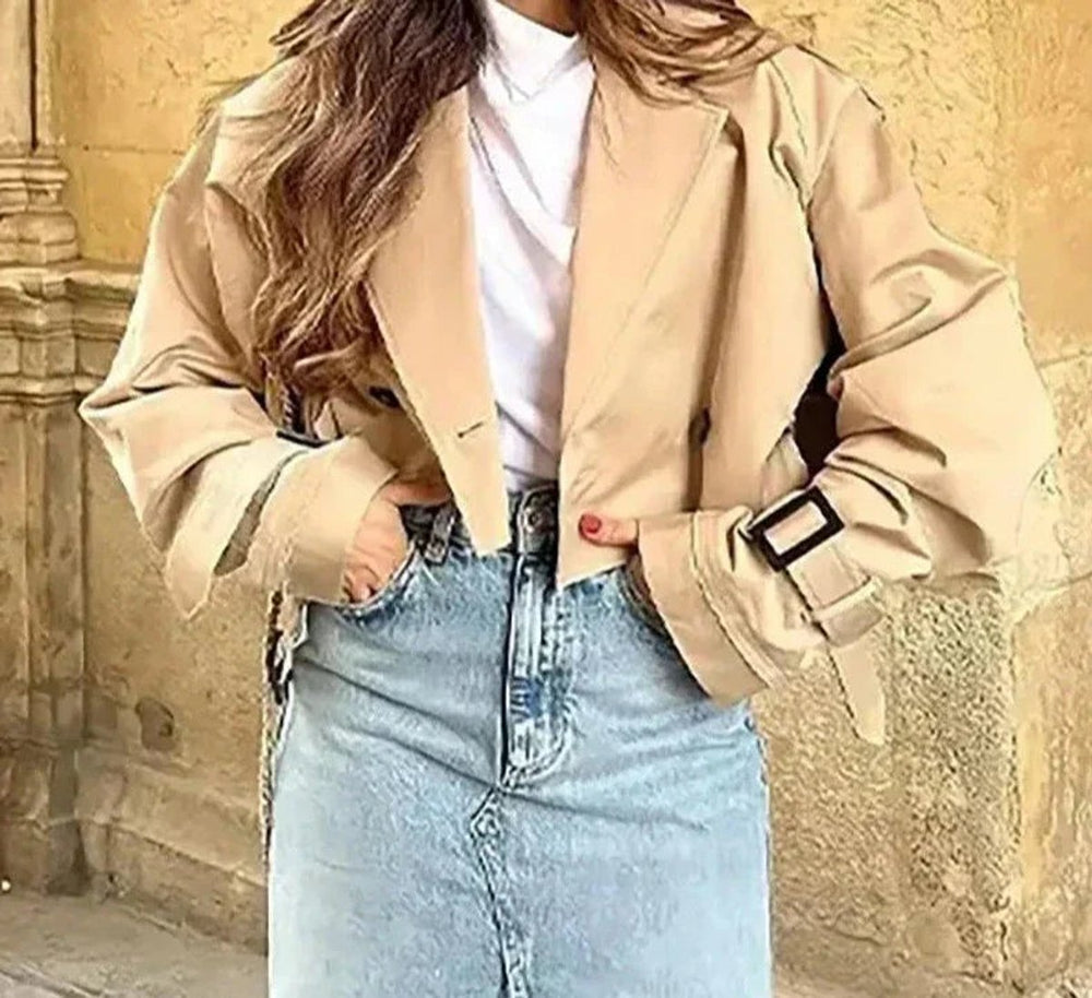 Women's Cropped Lapel-Collar Belted Trench Coat